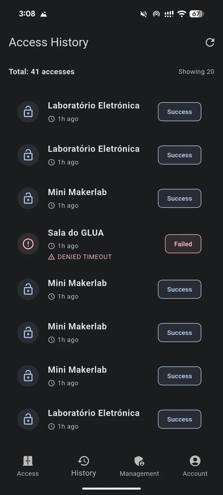 Access history showing successful entries, a timeout failure and twenty loaded records.