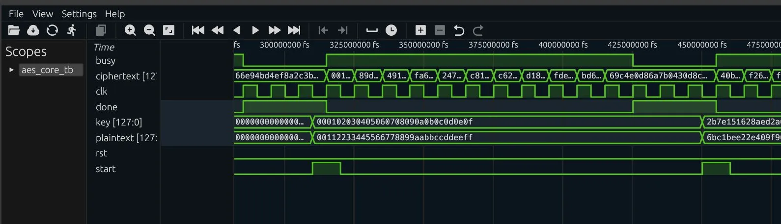 Original AES simulation waveform showing start, busy, done, key, plaintext, and the changing ciphertext register across successive clock cycles.
