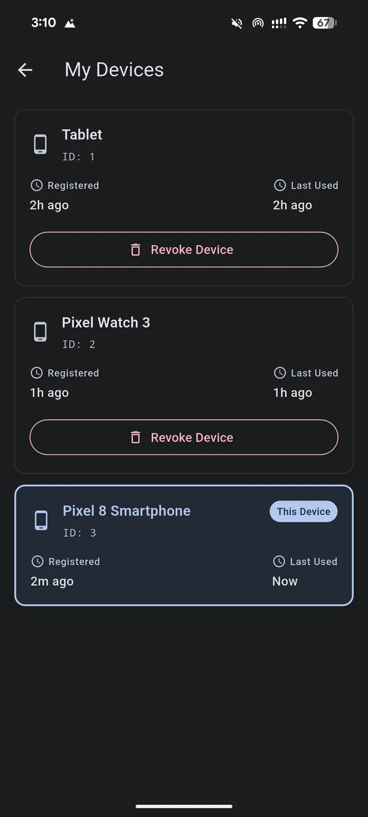 A tablet, Pixel Watch and phone listed separately with individual revoke controls.