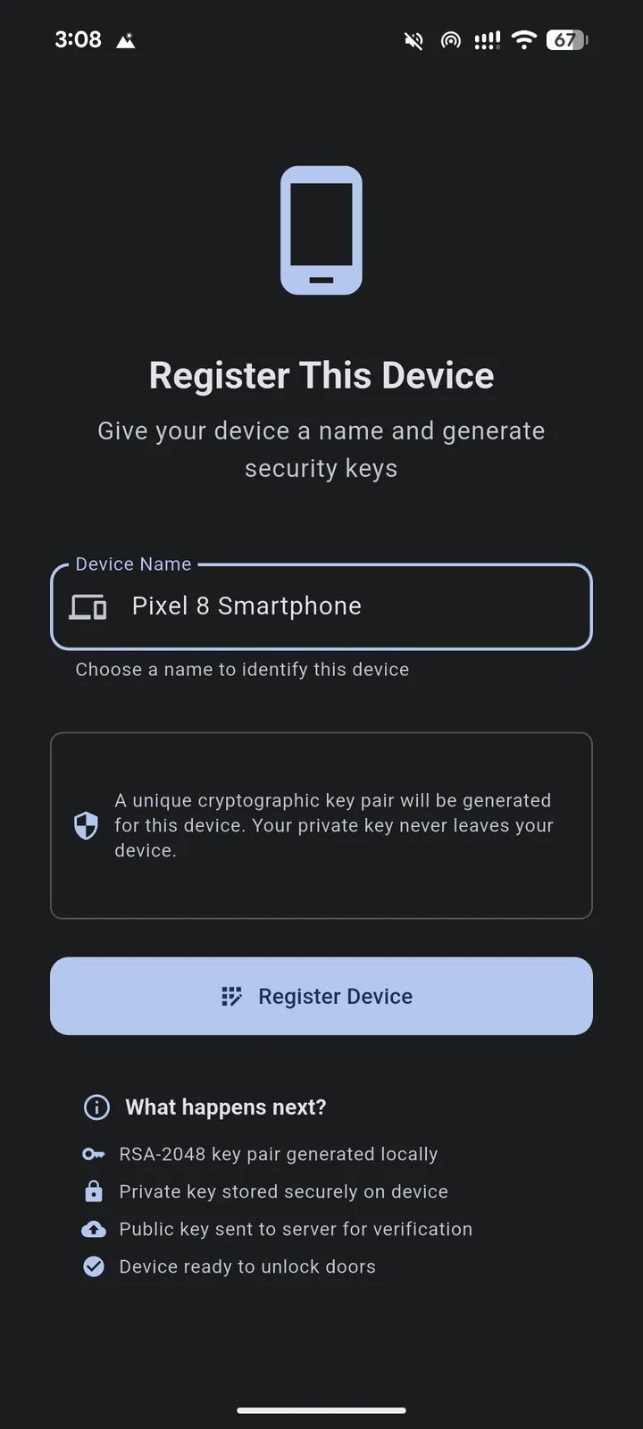 Device registration screen explaining local key generation and upload of the public key.