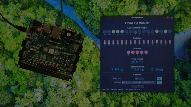 The Nexys A7 board beside its Python controller, showing LEDs, switches, temperature, and acceleration readings.