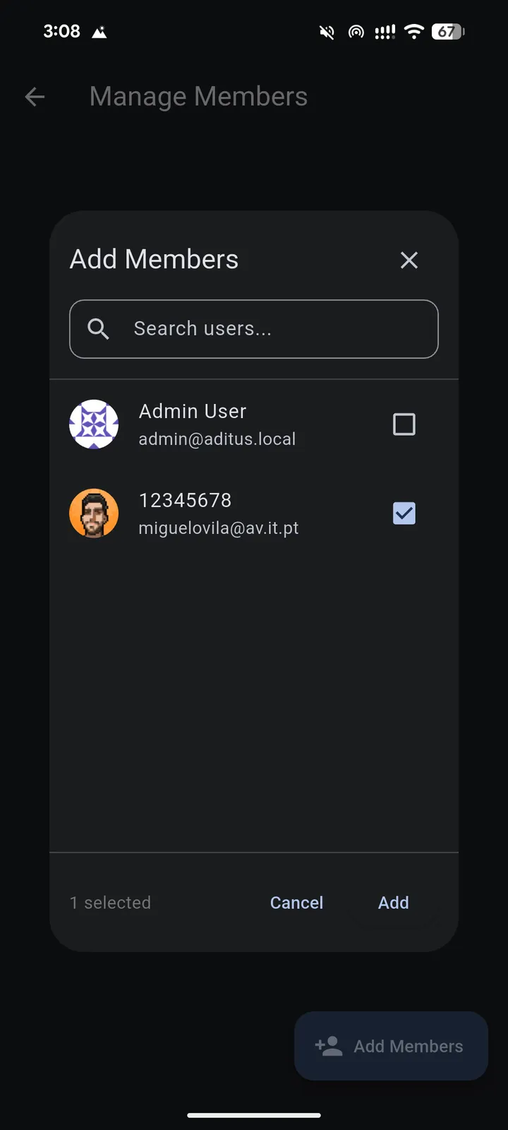 A searchable dialog for selecting users to add to a group.