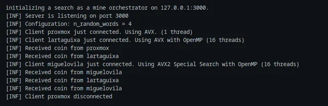 Terminal capture from the project report showing a mining server receiving coins from AVX and AVX2/OpenMP clients.