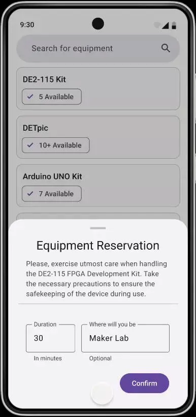 Equipment reservation mockup with borrowing duration and a usage-location field for an FPGA kit.