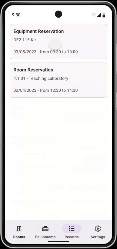 Original Records screen design combining equipment and room reservations with start and end times.