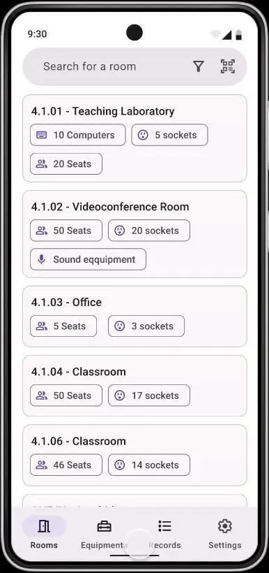 Original room-browser mockup showing laboratories, classrooms and offices with seats, sockets and facilities.
