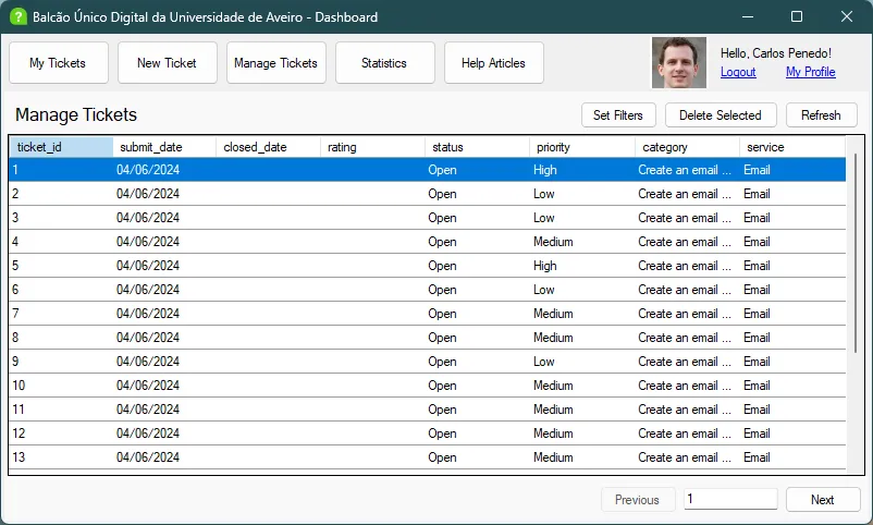 The staff queue with ticket filters, deletion controls, and page navigation