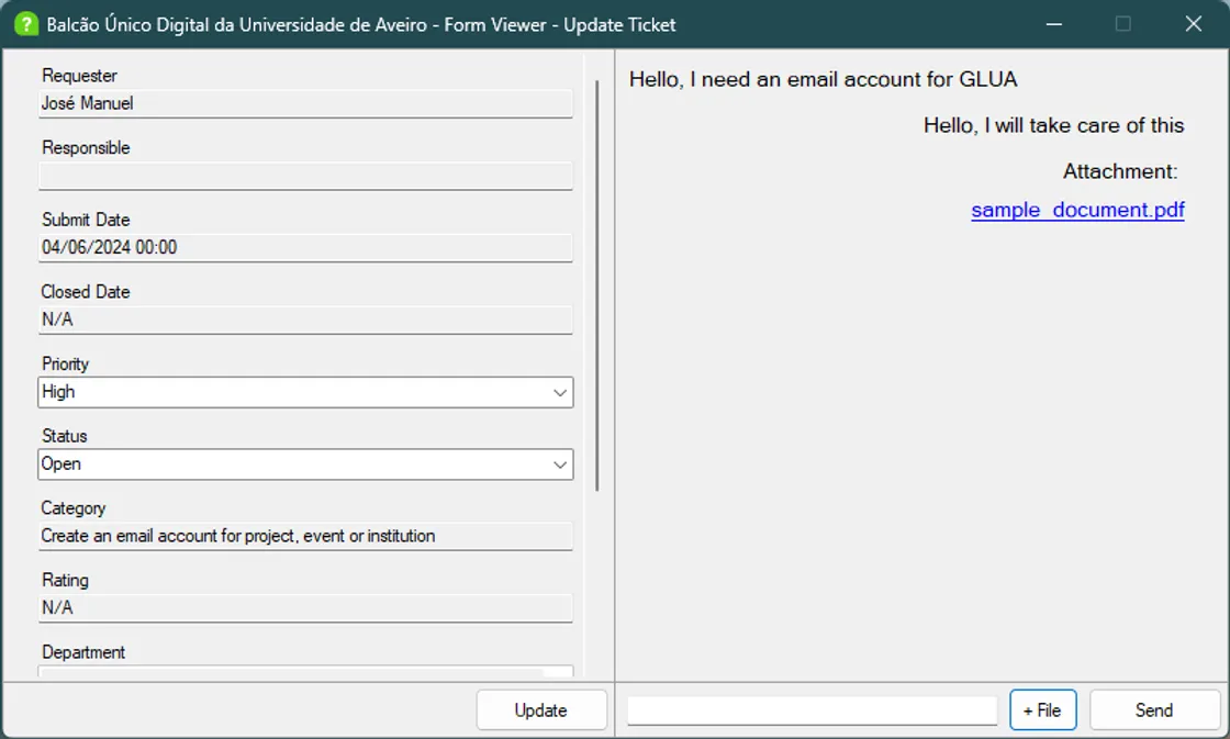 BUD's ticket editor, with request details and staff controls on the left and a conversation with a PDF attachment on the right.