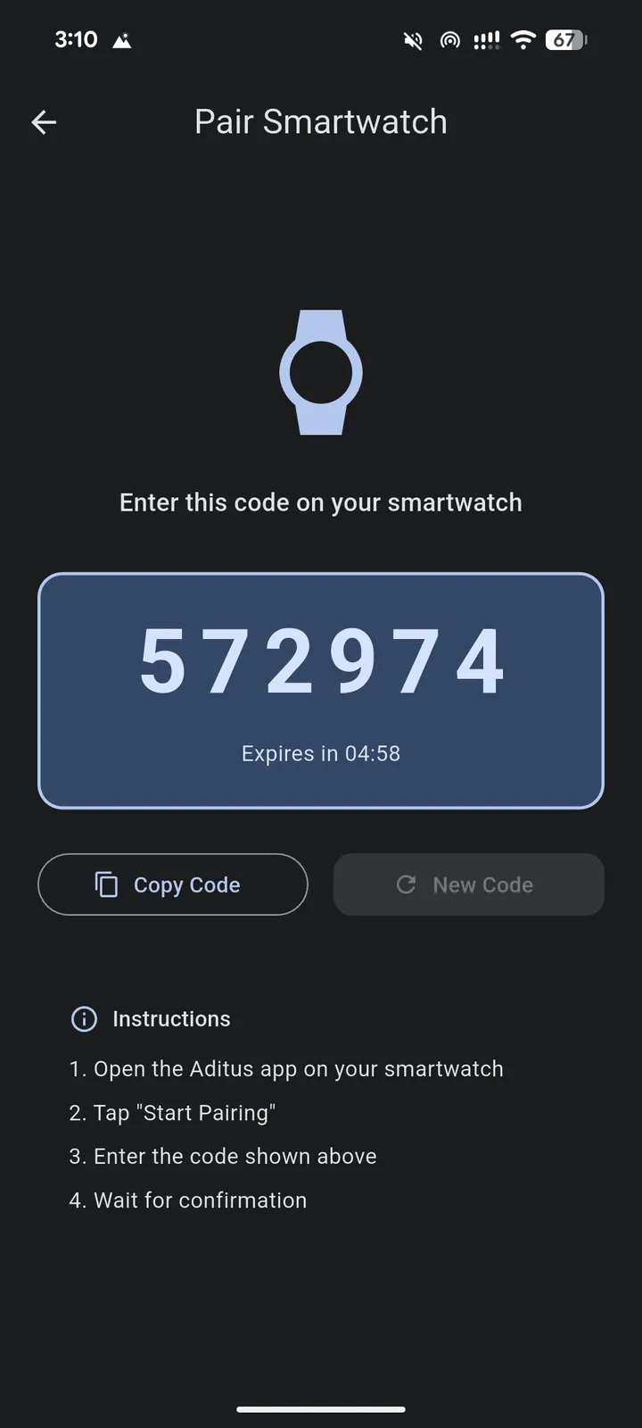 The phone displaying a temporary smartwatch pairing code and its expiry countdown.